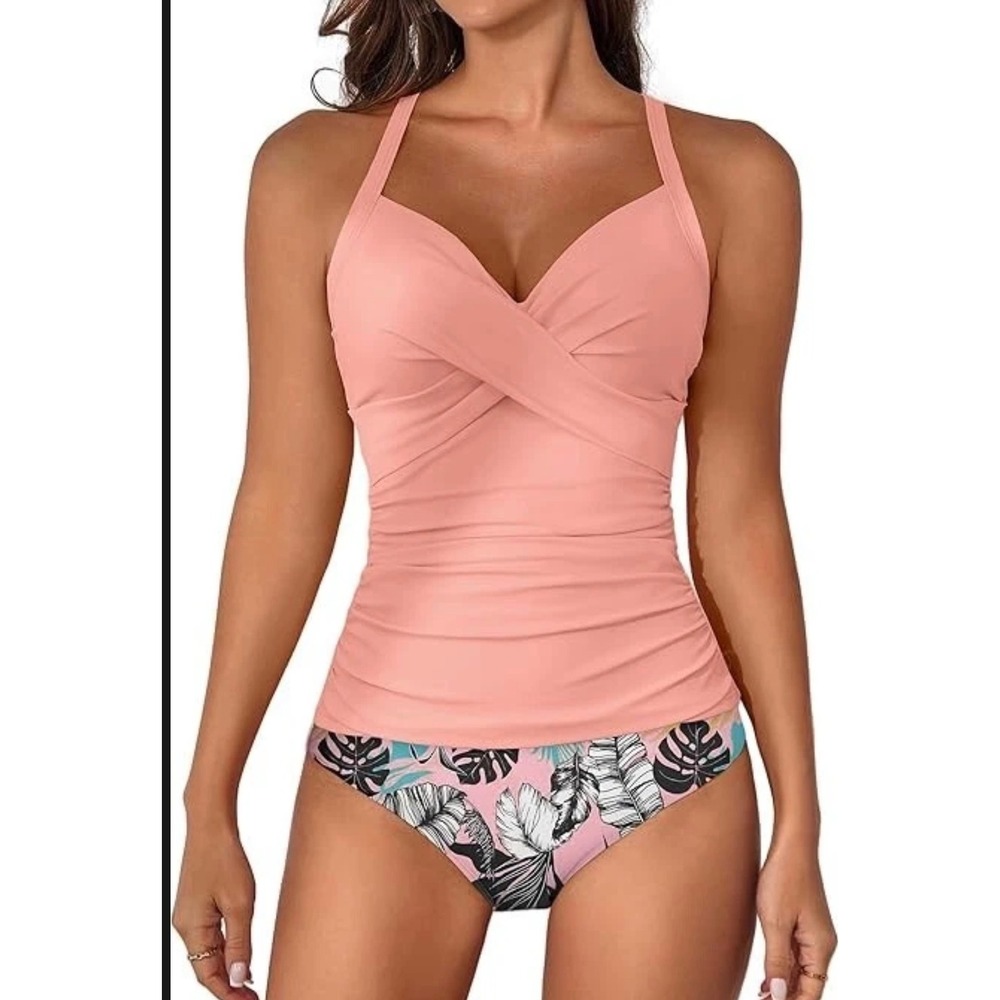 B2PRITY Womens Peach Ruched Tankini Set Tropical Floral High Waist Swimsuit M